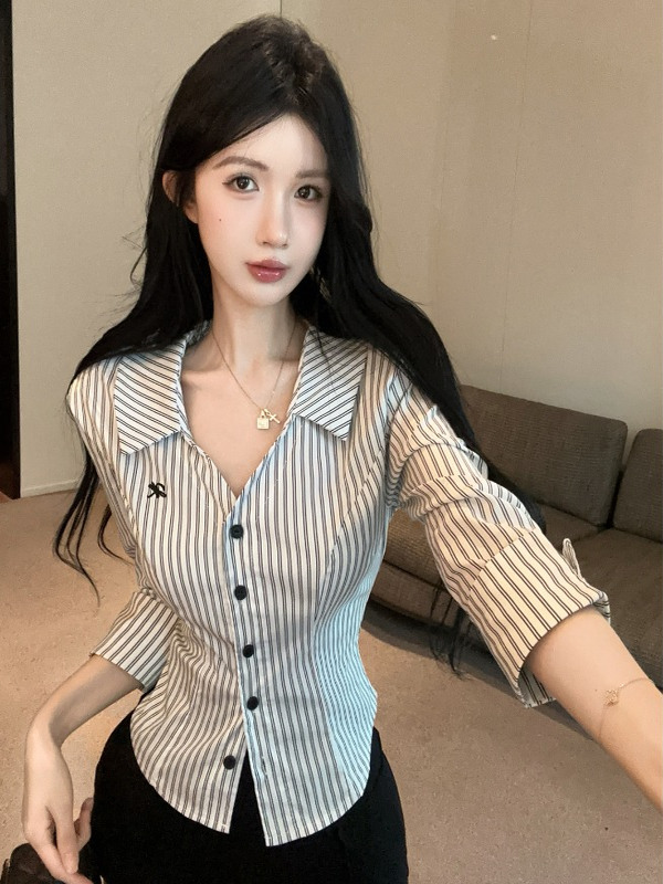 Women'S Fashion Overalls - Fashionable Striped Shirt Long Sleeve Jk