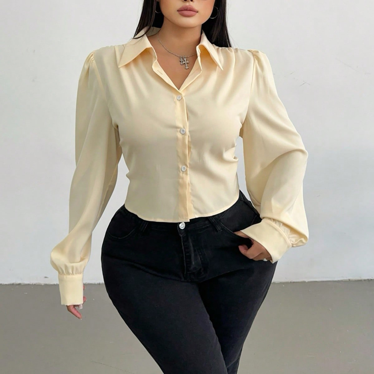 Puff Sleeve Blouse - Plus Size Curvy Women Cream Satin
