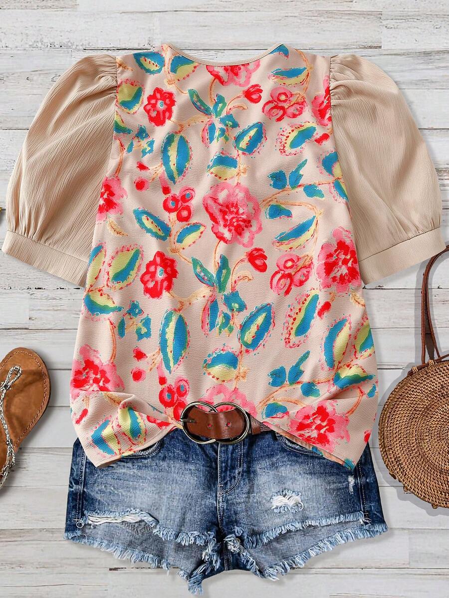 Puff Sleeve Blouse - Plus Size Women V-Neck Ditsy Floral