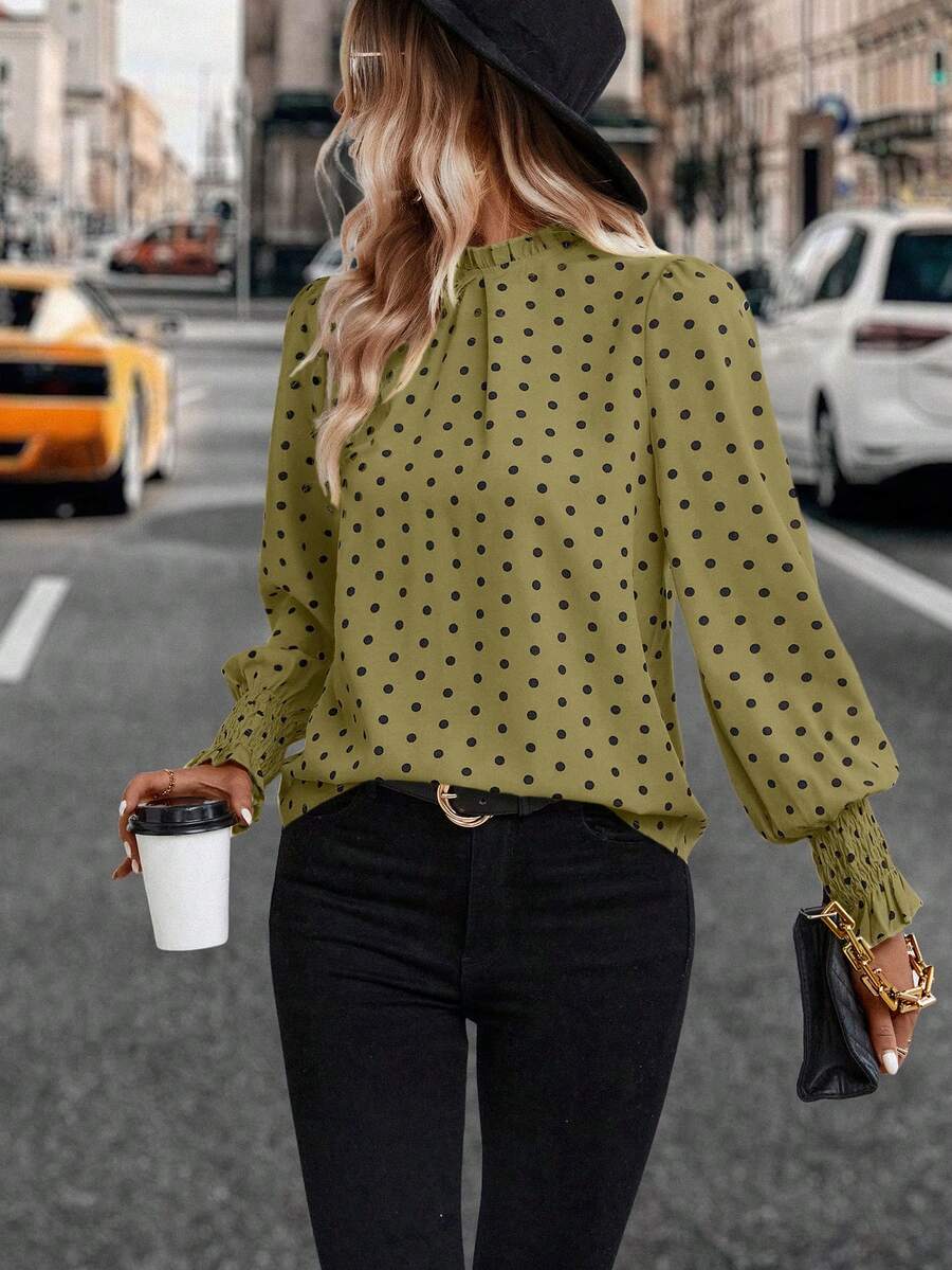 Puff Sleeve Blouse - Casual Polka Dot Puff Sleeve Blouse