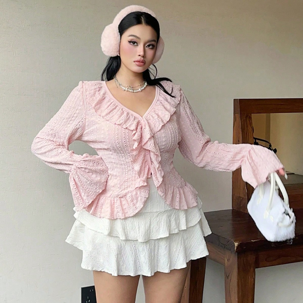 Plus Size Womens Elegant Frenc - Puff Sleeve Blouse avaliação e preço