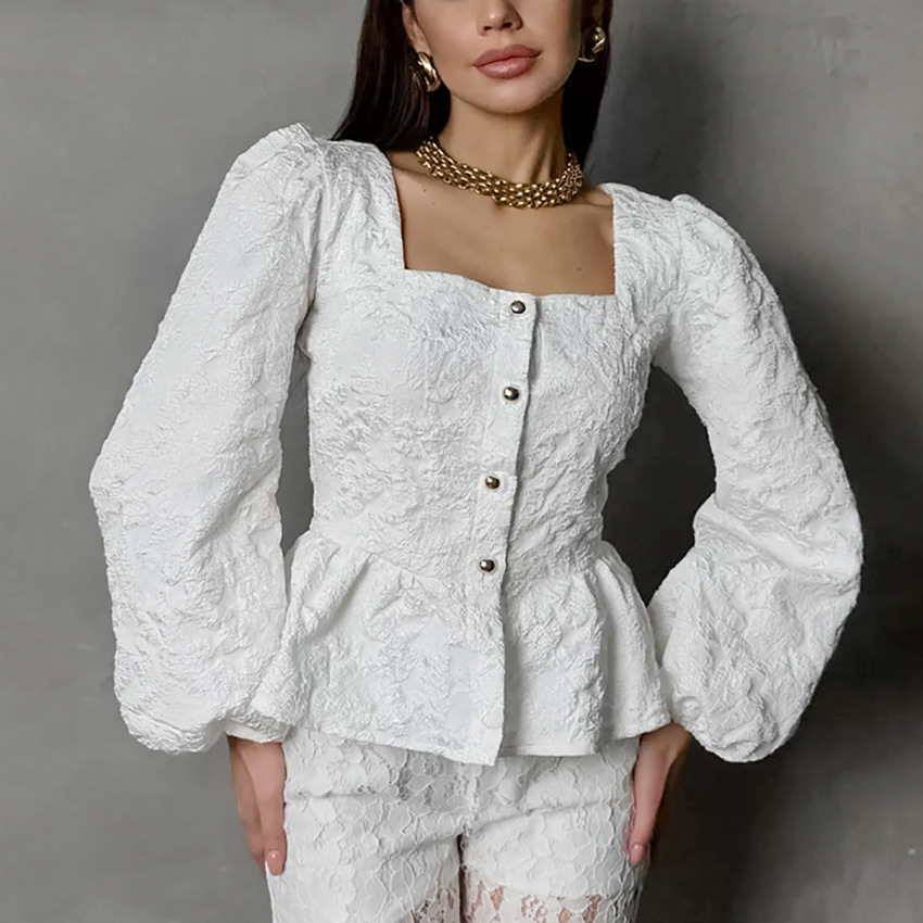 Ladies Elegant Jacquard Square - Puff Sleeve Blouse avaliação e preço