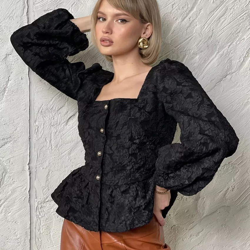 Ladies Elegant Jacquard Square - Puff Sleeve Blouse avaliação e preço