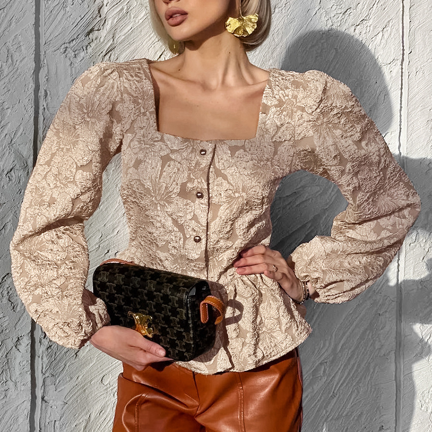 Ladies Elegant Jacquard Square - Puff Sleeve Blouse avaliação e preço