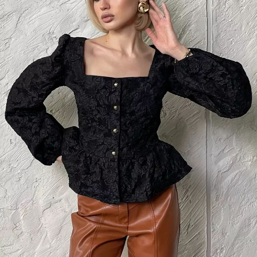 Ladies Elegant Jacquard Square - Puff Sleeve Blouse avaliação e preço