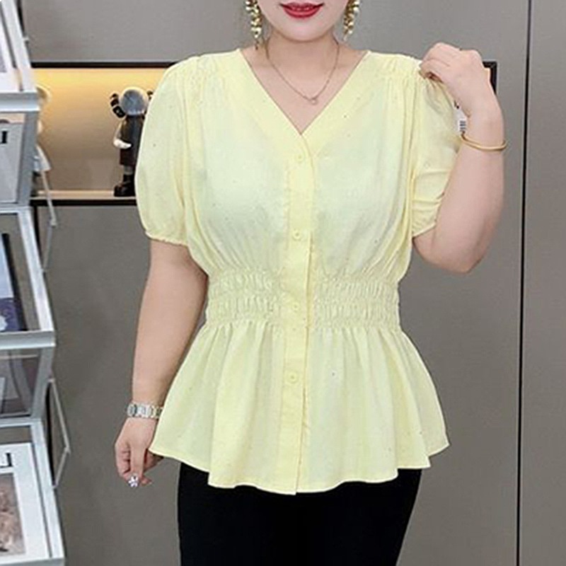 200 Pounds Plus Size Elastic W - Puff Sleeve Blouse avaliação e preço