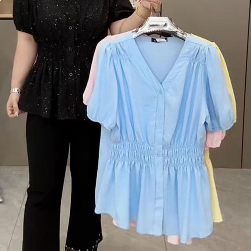 200 Pounds Plus Size Elastic W - Puff Sleeve Blouse avaliação e preço