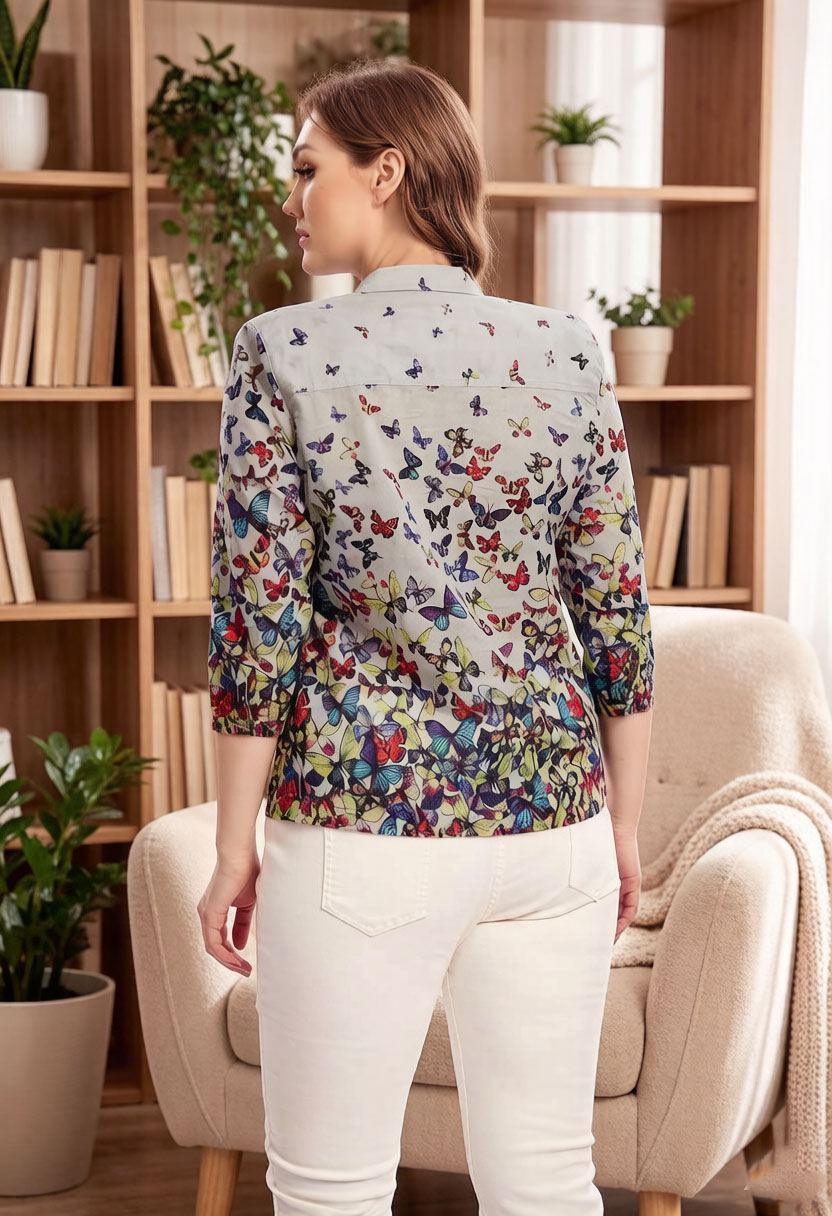Women Butterfly Print Blouse C - Puff Sleeve Blouse avaliação e preço