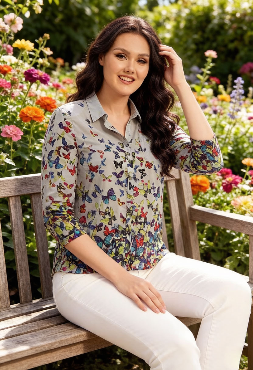 Women Butterfly Print Blouse C - Puff Sleeve Blouse avaliação e preço