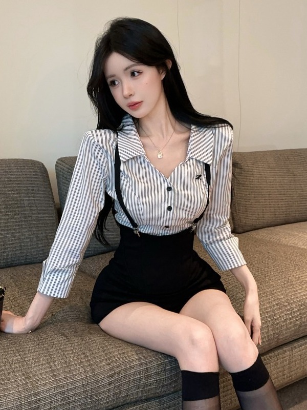 Fashionable Striped Shirt Long - Women'S Fashion Overalls avaliação e preço