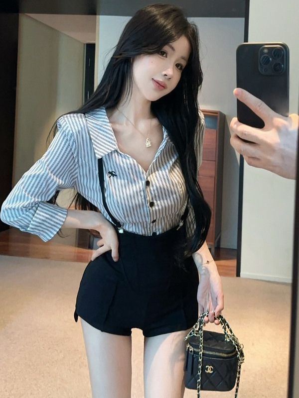 Fashionable Striped Shirt Long - Women'S Fashion Overalls avaliação e preço