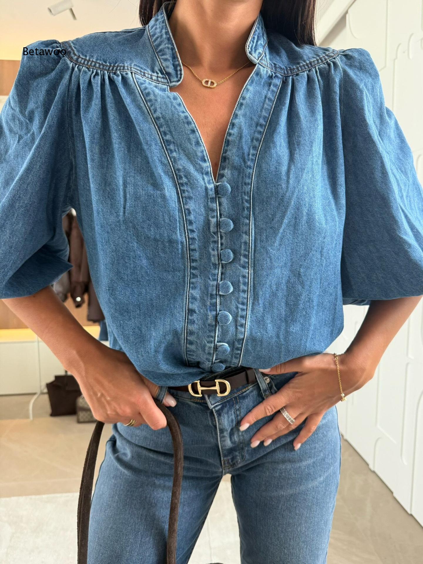 Women Stand Collar V Neck Deni - Puff Sleeve Blouse avaliação e preço