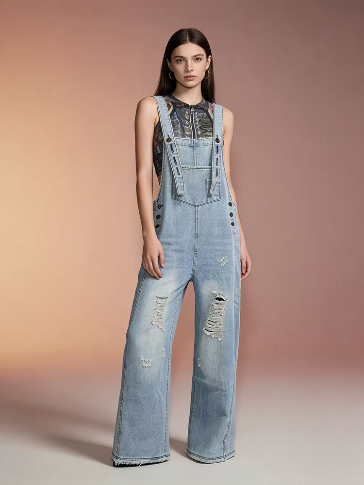 Fashion Retro Ripped Hole Deni - Women'S Fashion Overalls avaliação e preço