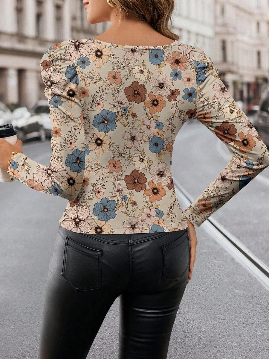 Floral Print Square Neck Puff  - Puff Sleeve Blouse avaliação e preço