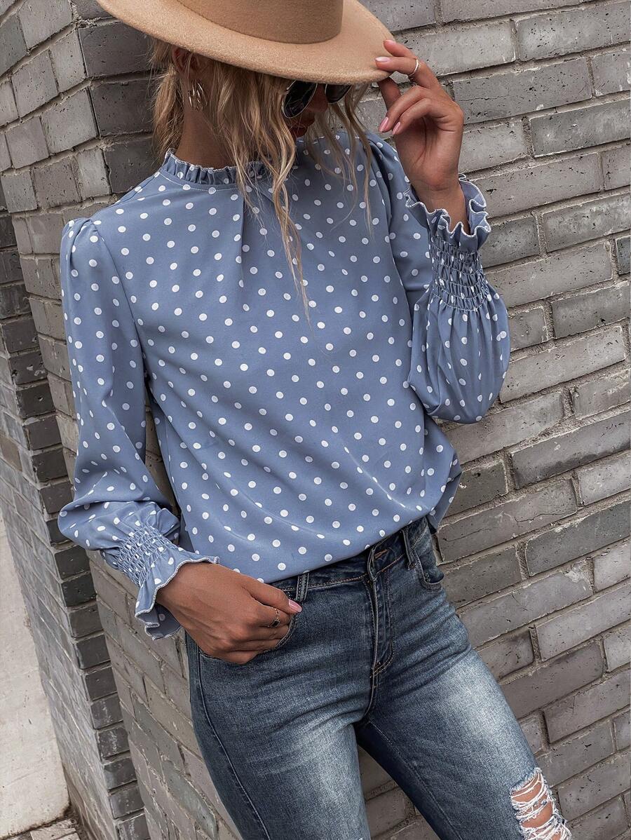 Casual Polka Dot Puff Sleeve B - Puff Sleeve Blouse avaliação e preço