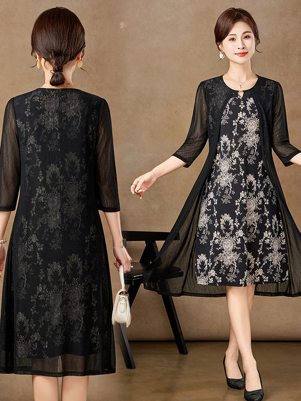Elegant Mid-Sleeve Mesh Dress  - Women Fashion Over 50 avaliação e preço