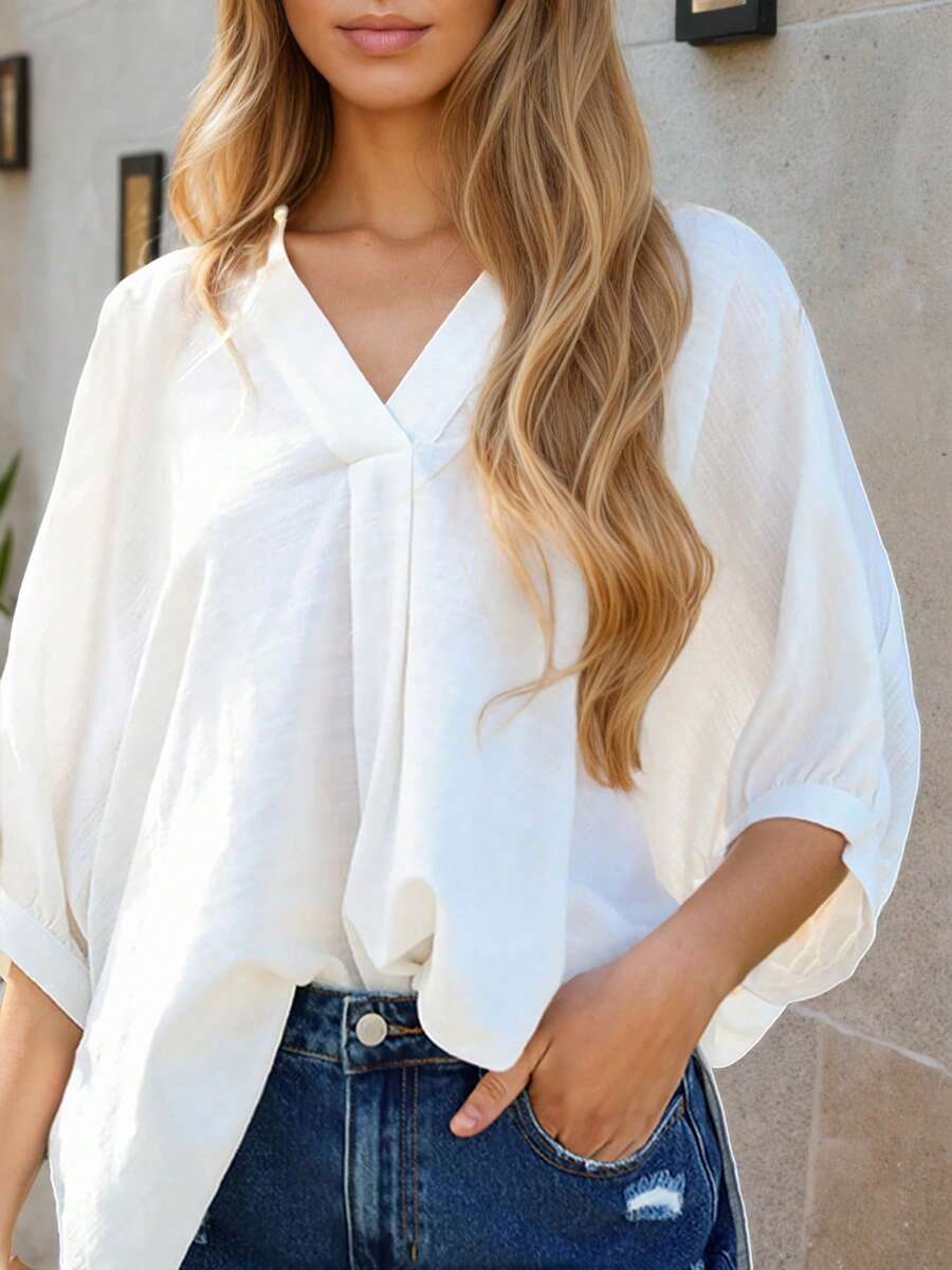Womens White V-Neck Loose Blou - Puff Sleeve Blouse avaliação e preço