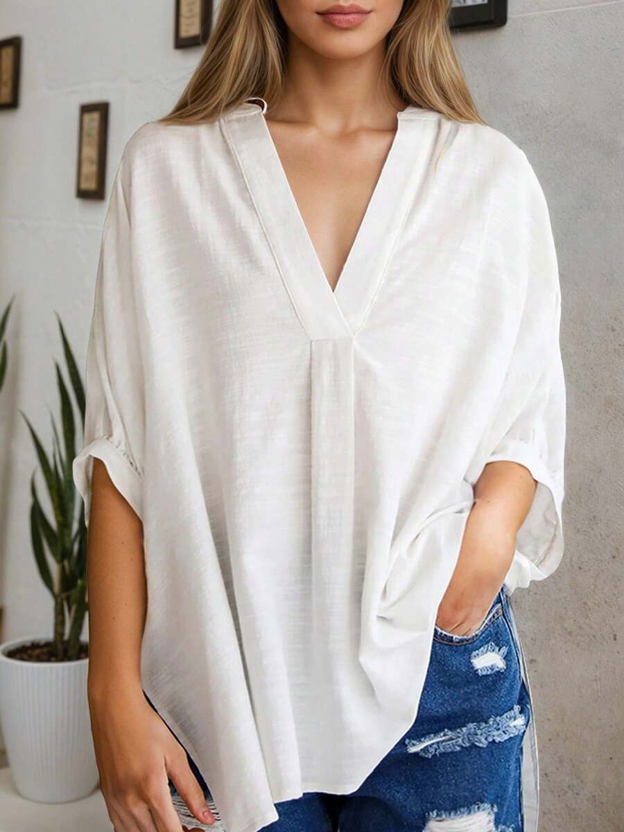 Womens White V-Neck Loose Blou - Puff Sleeve Blouse avaliação e preço
