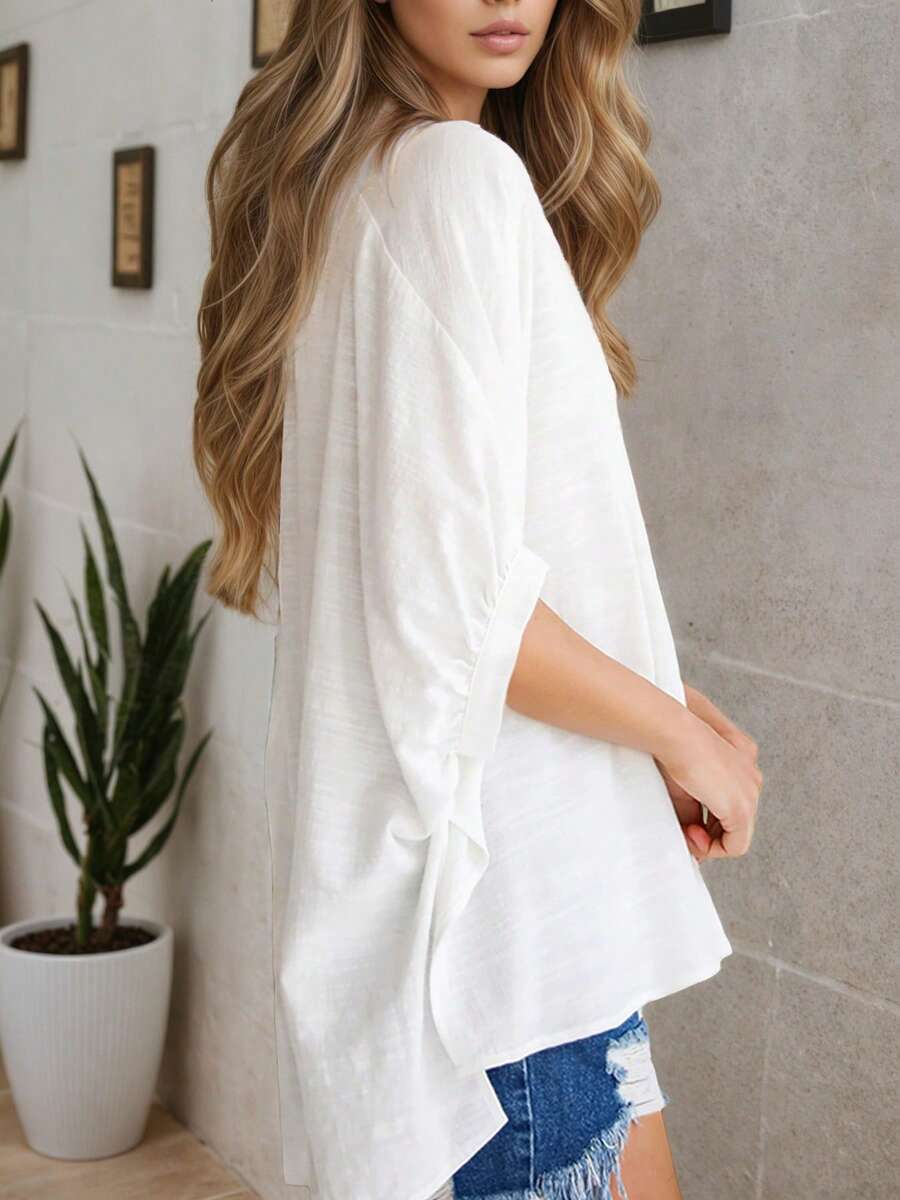 Womens White V-Neck Loose Blou - Puff Sleeve Blouse avaliação e preço