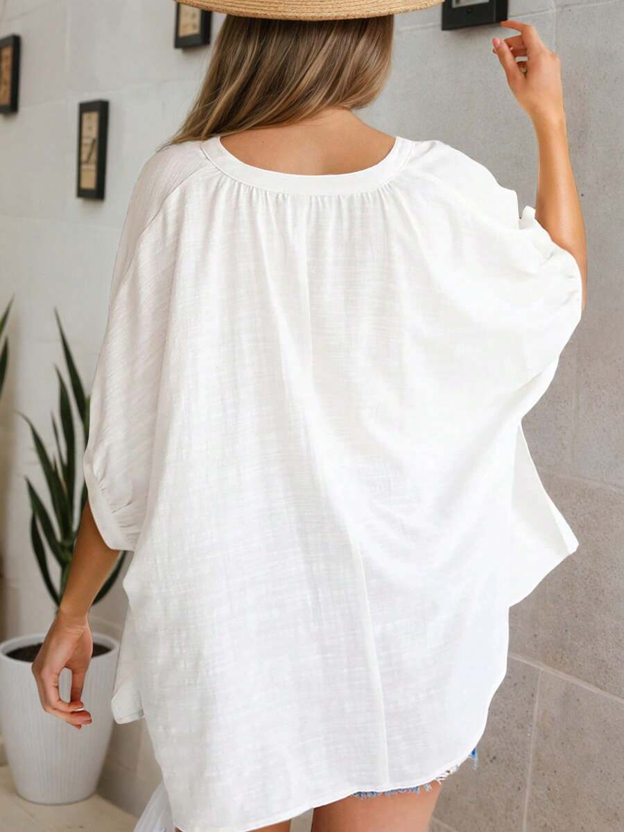 Womens White V-Neck Loose Blou - Puff Sleeve Blouse avaliação e preço
