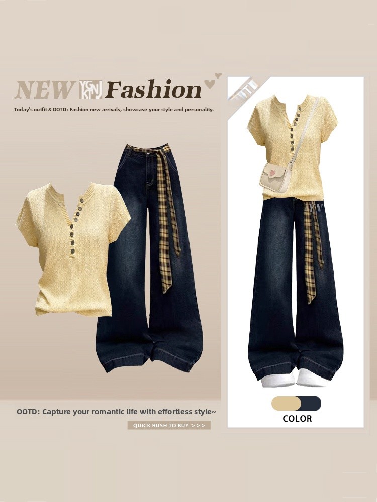 Slimming Knitted Short Sleeve  - Women Fashion Jeans Top avaliação e preço