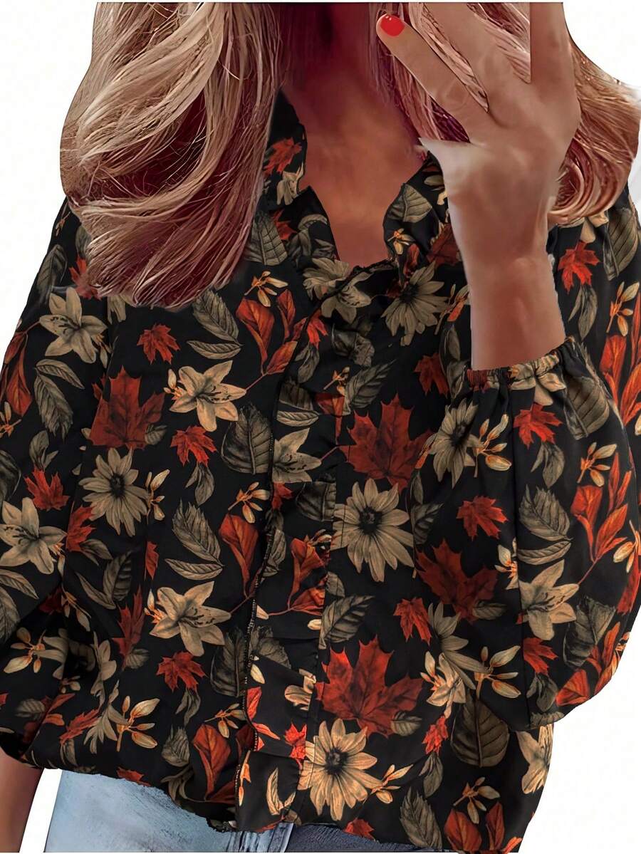 Women Solid Color Ruffle Trim  - Puff Sleeve Blouse avaliação e preço