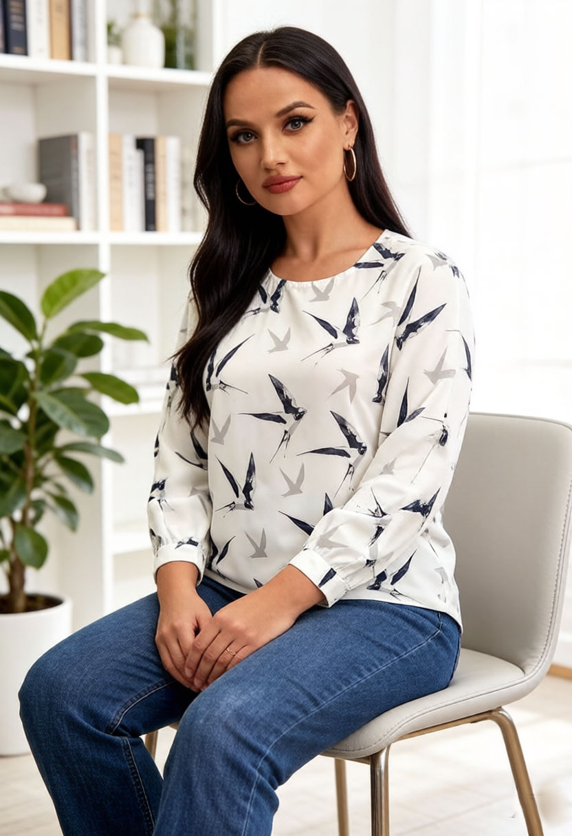 Women Bird Print Blouse Chiffo - Puff Sleeve Blouse avaliação e preço