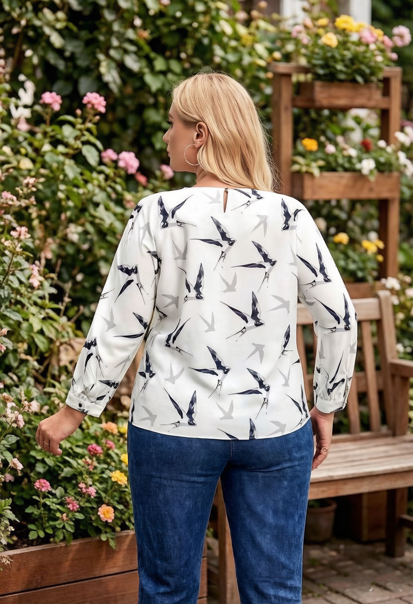 Women Bird Print Blouse Chiffo - Puff Sleeve Blouse avaliação e preço
