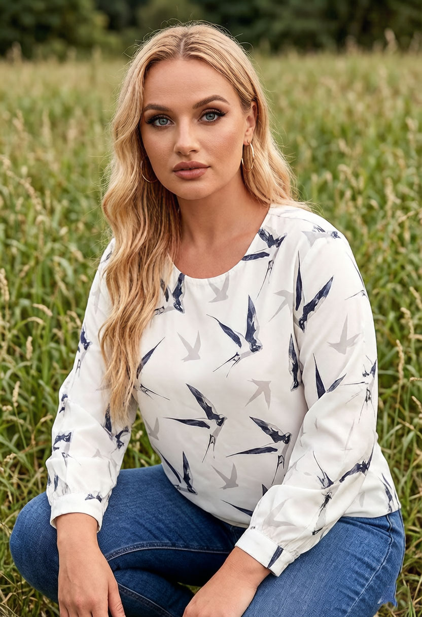 Women Bird Print Blouse Chiffo - Puff Sleeve Blouse avaliação e preço